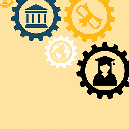 Animation of gears representing the world, a university building, a diploma, and a graduate