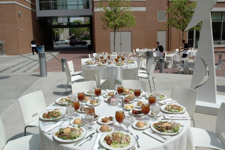 The Global Learning Center courtyard setup for a plated dinner